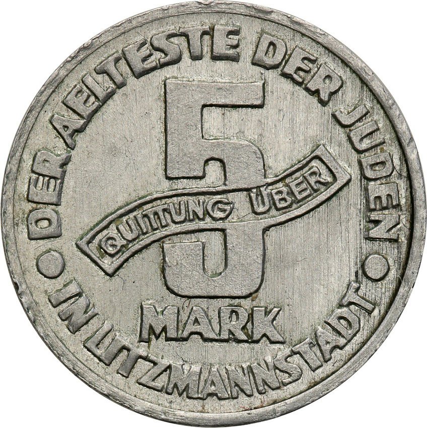 Getto Łódź. 5 marek 1943, aluminium - odmiana 1/1 - PIĘKNE